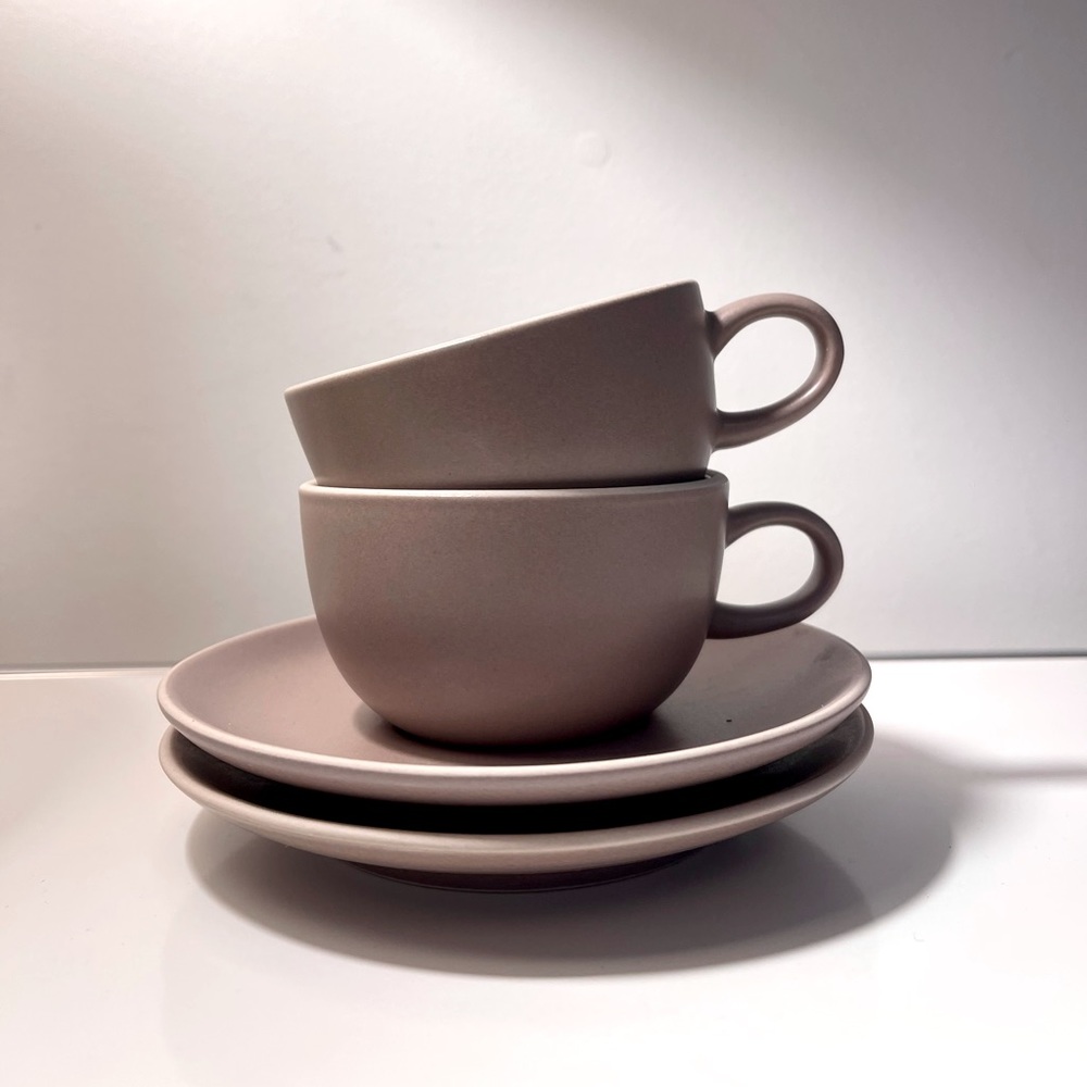 (2) Heath Ceramics French Gray Tea/Coffee Cups & Saucers